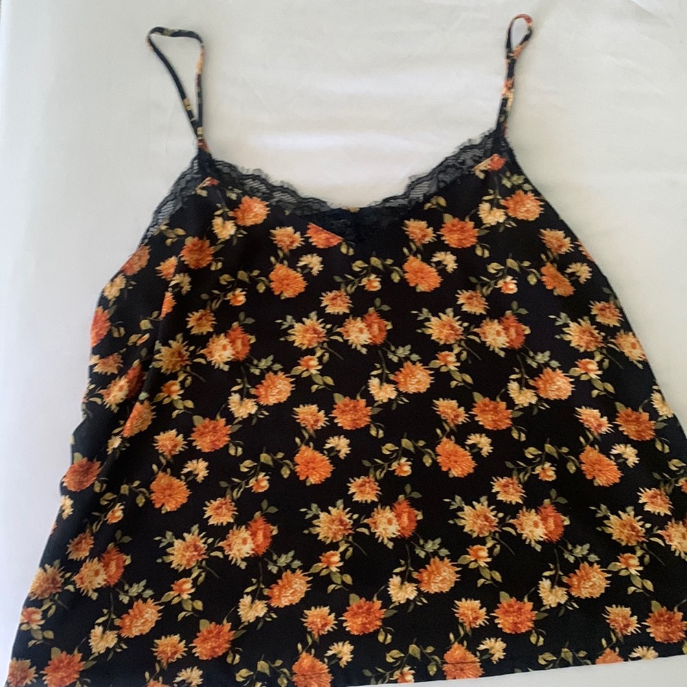 Orange floral lace trimmed tank top